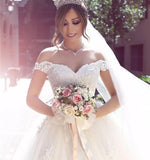 Sexy Ball Gown Off the Shoulder Sweetheart Ivory Tulle Lace Appliques Wedding Dresses RJS23 Rjerdress