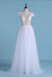 Sexy Beach Bridal Dresses A-Line V-Neck Floor-Length Tulle With Slit Rjerdress