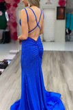 Sexy Beading V-Nec Floor Length Elastic Satin Mermaid Prom Dresses Evening Dresses Rjerdress