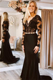Sexy Black Lace Long Sleeves Long Mermaid Prom Dresses Applique Evening Dresses RJS499 Rjerdress