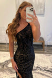 Sexy Black Lace  Prom Dresses One Shoulder Mermaid Zipper Up Rjerdress