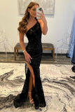 Sexy Black Lace  Prom Dresses One Shoulder Mermaid Zipper Up