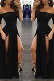 Sexy Black Long Off-the-Shoulder A-Line Half Sleeve Scoop Sexy Slit Prom Dresses RJS790