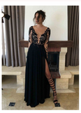 Sexy Black Long Sleeve Lace Slit V-Neck Prom Dress Evening Dresses Rjerdress