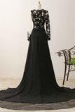 Sexy Black Long Sleeve Lace Slit V-Neck Prom Dress Evening Dresses Rjerdress
