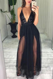 Sexy Black Spaghetti Straps Deep V Neck High Slit Tulle with Beads Prom Dresses RJS43