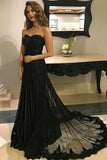 Sexy Black Sweetheart Sheath Tulle Beads Lace Appliques Strapless Long Prom Dresses RJS30