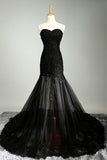 Sexy Black Sweetheart Sheath Tulle Beads Lace Appliques Strapless Long Prom Dresses RJS30 Rjerdress