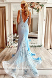 Sexy Blue Backless Spandex Mermaid Prom Dresses Spaghetti Straps With Applique Tulle Rjerdress