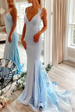 Sexy Blue Backless Spandex Mermaid Prom Dresses Spaghetti Straps With Applique Tulle Rjerdress
