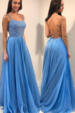 Sexy Blue Chiffon Long Backless Evening Dress Beaded Bodice Prom Dress Rjerdress