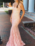 Sexy Blush Pink Mermaid Lace V Neck Prom Dresses with Beading Evening Dresses RJS728