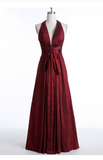Sexy Burgundy Deep V-Neck Sleeveless Floor-Length Backless Prom Dresses RJS681