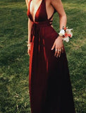 Sexy Burgundy Deep V-Neck Sleeveless Floor-Length Backless Prom Dresses RJS681 Rjerdress