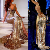 Sexy Champagne Gold Mermaid Spaghetti Straps Prom Dresses Side Slit Backless Formal Dresses Rjerdress