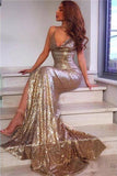 Sexy Champagne Gold Mermaid Spaghetti Straps Prom Dresses Side Slit Backless Formal Dresses
