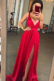 Sexy Chiffon Long Red Prom Dresses Long V Neck Evening  Dress with Split Slit Rjerdress