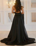 Sexy Deep V-Neck Black Prom Dresses With Beading High Slit Backless Formal Dresses RJS463 Rjerdress