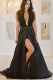 Sexy Deep V-Neck Black Prom Dresses With Beading High Slit Backless Formal Dresses RJS463