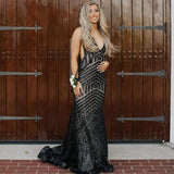 Sexy Deep V-Neck Rose Gold Sequins Mermaid Black Long Backless Prom Dresses UK RJS425 Rjerdress