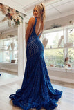 Sexy Deep V-Neck Rose Gold Sequins Mermaid Black Long Backless Prom Dresses UK RJS425 Rjerdress