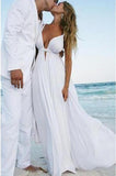 Sexy Deep V Neck White Chiffon Beach Elegant A-Line Bridal Floor-Length Wedding Dresses Rjerdress