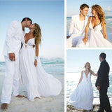 Sexy Deep V Neck White Chiffon Beach Elegant A-Line Bridal Floor-Length Wedding Dresses Rjerdress