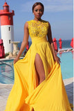 Sexy Elegant A line Yellow Chiffon Cap Sleeves Lace Evening Prom Dresses rjs796 Rjerdress
