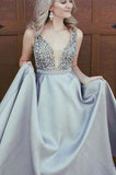 Sexy Elegant Sparkly Beads Top A-line Open Back V-Neck Stretch Satin Wedding Guest Dresses RJS408 Rjerdress