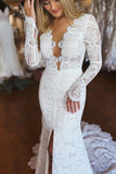 Sexy Gorgeous Mermaid Long Sleeves V-Neck Backless White Lace Wedding Dresses Rjerdress