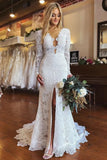 Sexy Gorgeous Mermaid Long Sleeves V-Neck Backless White Lace Wedding Dresses Rjerdress