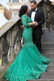 Sexy Green Mermaid V Neck Tulle Applique 3/4 Sleeves Sweep Train Plus Size Prom Dresses RJS163 Rjerdress
