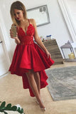 Sexy High Low Red Spaghetti Straps V Neck Homecoming Dresses Short Cocktail Dresses H1183 Rjerdress