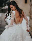Sexy Lace Long Sleeves Backless A-Line V Neck Tulle Applique Beaded Bridal Gowns Rjerdress