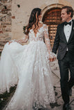 Sexy Lace Long Sleeves Backless A-Line V Neck Tulle Applique Beaded Bridal Gowns