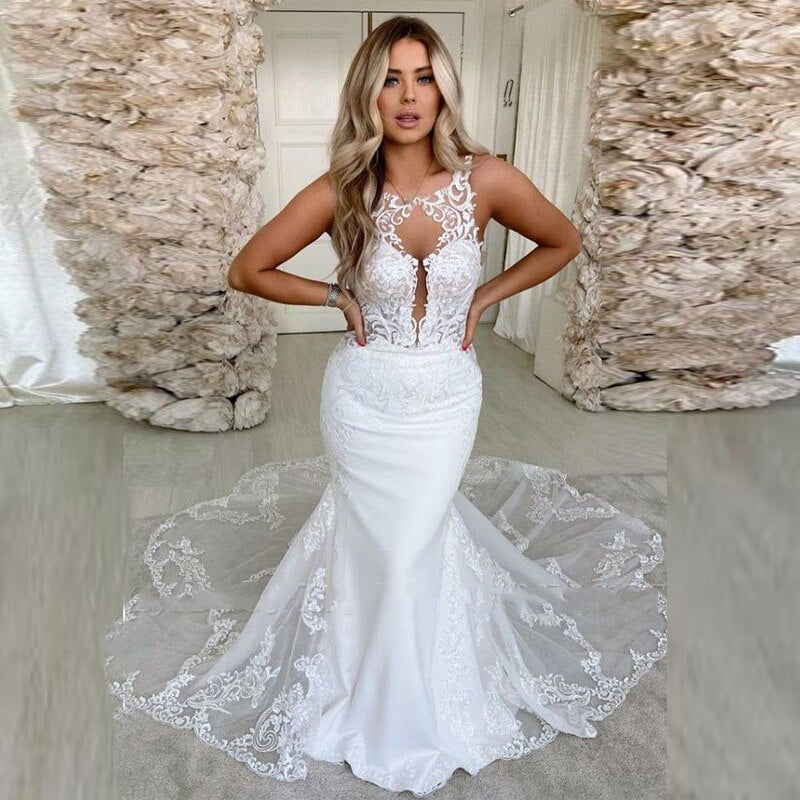 Sexy Lace Sleeveless Mermaid Backless Wedding Dresses With Applique –  Rjerdress