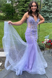 Sexy Lavender Mermaid V-Neck Sleeveless Floor-Length Appliques Prom Dresses RJS283 Rjerdress