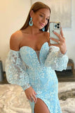 Sexy Light Blue Mermaid Sweetheart Lace Strapless Long Puff Sleeve Prom Dresses Rjerdress