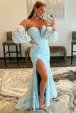 Sexy Light Blue Mermaid Sweetheart Lace Strapless Long Puff Sleeve Prom Dresses