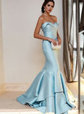 Sexy Light Blue Prom Dresses Mermaid Sweetheart Elastic Satin Zipper Up Rjerdress