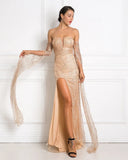 Sexy Long Sleeve Gold Split Sequins Off the Shoulder Prom Evening Dresses RJS756