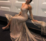 Sexy Long Sleeve Gold Split Sequins Off the Shoulder Prom Evening Dresses RJS756 Rjerdress