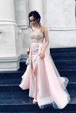 Sexy Long Sleeve Pink Tulle Lace Appliques Mermaid Prom Dresses Evening Dresses P1128 Rjerdress