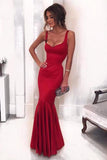 Sexy Low Neck Dark V-Neck Backless Red Satin Mermaid Long Custom Prom Dresses UK RJS434