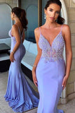 Sexy Mermaid Backless Prom Dress V Neck Long Lace Spaghetti Straps Evening Dresses