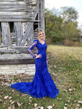 Sexy Mermaid Bateau Royal Blue Long Sleeve Open Back Lace Prom Dresses RJS09 Rjerdress