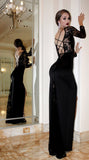 Sexy Mermaid Black Long Sleeve High Slit Prom Dresses Lace Satin Evening Dresses RJS357 Rjerdress