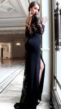 Sexy Mermaid Black Long Sleeve High Slit Prom Dresses Lace Satin rjs357 Rjerdress