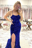 Sexy Mermaid Evening Dresses Spaghetti Straps Sequins Black Lace Up Prom Dresses With Waistline And Slit Rjerdress