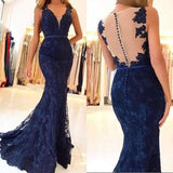 Sexy Mermaid Lace Appliques V Neck Beads Sleeveless Long Prom Dresses RJS37 Rjerdress